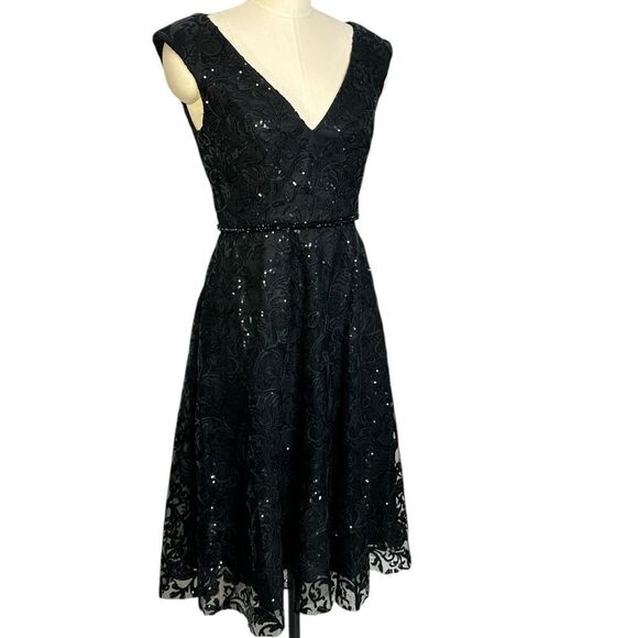 Mac Duggal 68012 Black Sequin Cap Sleeve Midi Cocktail Dress | Size 6 - Picture 8 of 13